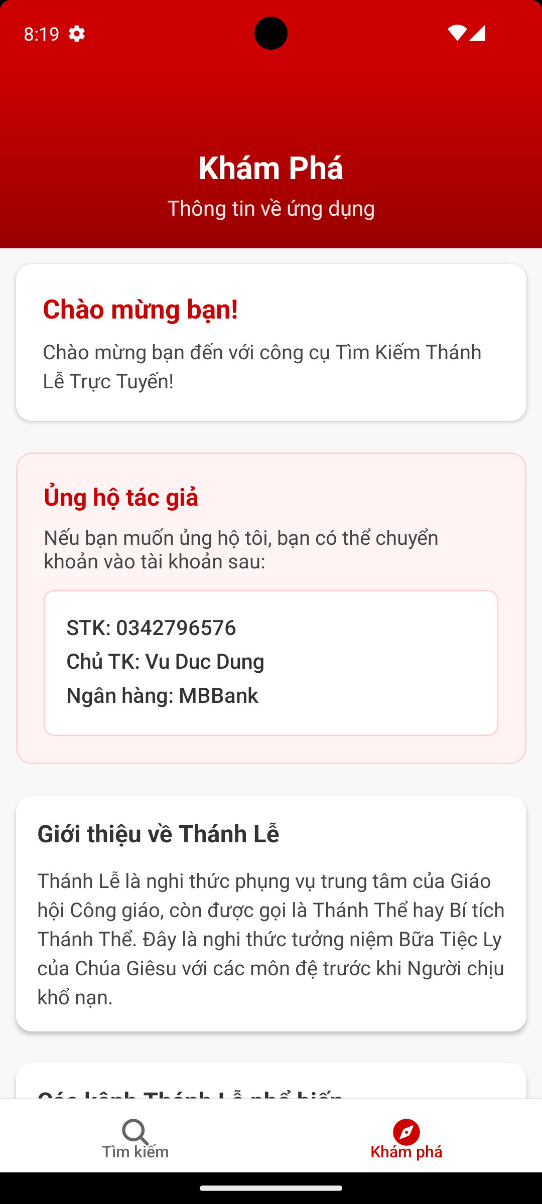 Màn hình danh sách video thánh lễ